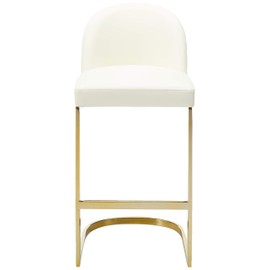 Iconic Home Xander Bar Stool Chair PU Leather Upholstered Armless Design Half-Moon Gold Plated Solid Metal U-Shaped Base Modern Contemporary, Cream