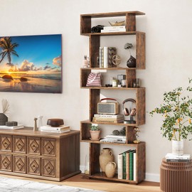 Tangkula 6-Tier S-Shaped Bookshelf, 64" Freestanding Geometric Bookcase, Home Office Wood Storage Shelf with Anti-Toppling Device, Room Divider Display Rack for Study, Living Room (1, Rustic Brown)