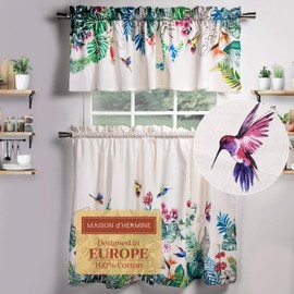 Maison d' Hermine Kitchen Curtains Sets for Windows 100% Cotton Set of Kitchen Curtains Valances for Home [2 Tiers (28"X36") and 1 Valance (56"X18")] Farmhouse, Cafe (Tropiques)