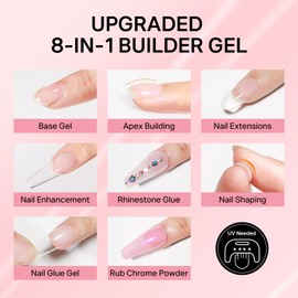 MIZHSE 8 in 1 Builder Gel for Nails, 2Pcs Clear Hard Builder Gel for Nails Strengthen Thickening Tip Design Rhinestone Nail Glue U V LED Extension Gels Kit for Nail Art Design 15mL 1 oz