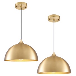 PINDODO Gold Pendant Light 2 Pack, 11.8" Modern Pendant Lights Kitchen Island Adjustable Height, Farmhouse Dome Hanging Light for Dining Room Bar
