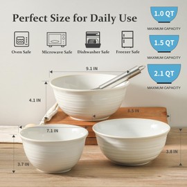 Hasense Mixing Bowls, Ceramic Serving Dishes for Cooking, Baking, Prepping, Nesting Bowls for Salads, Fruit, Popcorn, 2.1/1.5/1.0 Qt, Dishwasher & Microwave Safe, Clay-Infused White