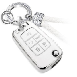 CTRINEWS for Chevy Key Fob Cover with Luxury Diamond Bling Keychain, Upgraded Key Case for Cruze Equinox Malibu Sonic Trax Impala Cruze Traverse Equinox (5 Buttons) (Silver, A1)
