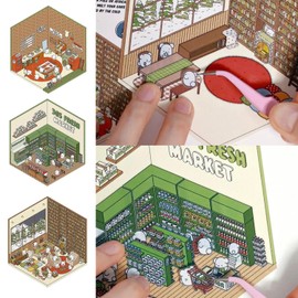 4 Sets Make IT Mini 3D Sticker Scene - Room Sticker Book for Adults, Cute Cartoon Stickers, Fun Room Sticker Book, Isometric Room Stickers, DIY Miniature Scene Stickers for Stress Relief