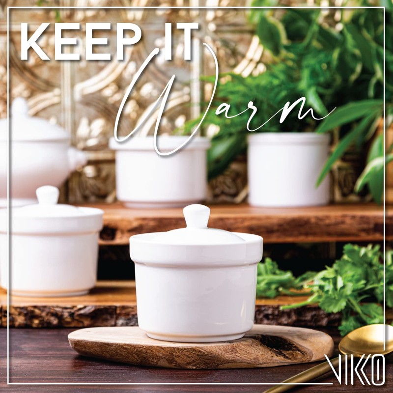 Vikko Soup Crocks With Lids, 10 Ounce Modern White Soup