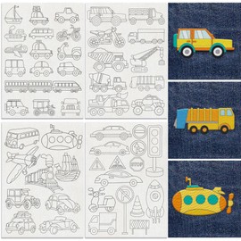 DOODLREAM 50Pcs Transportation Vehicle Embroidery Pattern Stabilizer, 21 x 29.7cm Car Truck Soluble Stick and Stitch Embroidery Sticker, 4 Sheets Train Airplane Water Hand Sewing DIY Embroidery Paper