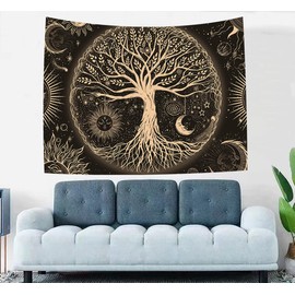 Tree of Life Tapestry Gloden Sun and Moon Wall Hanging Tapestry Spiritual Galaxy Stars Wall Tapestries for Bedroom Dorm Living Room Decor (H36 x W48 inches, Gold)