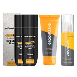 Hair Fibres X2 GROOMARANG Keratin Hair Building Fibres for Thinning Hair - Instantly Conceals Thinning Areas for Fuller Thicker Hair - For Men & Women 28g + Shampoo & Hair Loss Lotion (Black)