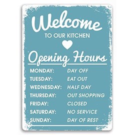 "Welcome to Our Kitchen" Blue Metal Wall Sign Plaque Art Inspirational Slogan Funny
