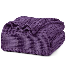 PHF 100% Cotton Waffle Weave Blanket Queen Size, Soft Lightweight Breathable Cozy Summer Blankets for Bed, Luxury Aesthetic Woven Bedding for Home Decor, 90"x90", Grape Purple