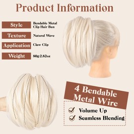MFDYMYGS Messy Bun Hair Piece Claw Clip, Hair Buns Hair Piece with Bendable Metal,Short Ponytail Extensions Hairpieces for Women (White Blonde)