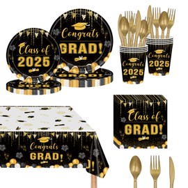 Black Gold Graduation Party Supplies Tableware Set, Serve 20 Guests - “congrats GRAD” Graduation Disposable Dinnerware for Grad-uation Party Decorations of Knife, Fork, Spoon/Cup/Napkins/Tablecloth