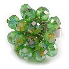 Avalaya Green Glass Bead Cluster Ring in Silver Tone Metal - Adjustable 7/8