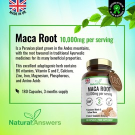180 Maca Root Capsules - (3 Months Supply) Vegan 10,000mg Maca Capsules - High Strength Peruvian Black & Yellow Maca Root - Made in The UK