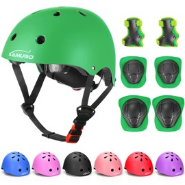 KAMUGO Kids Adjustable Helmet, with Sports Protective Gear Set Knee Elbow Wrist Pads for Toddler Age 3-8 Boys Girls, Bike Skateboard Hoverboard Scooter Rollerblading Helmet Set (Green)