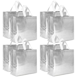 allydrew Glossy Non-Woven Reusable Gift Bags with Handles for Weddings, Bridal Showers, Parties (Set of 8), Silver