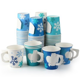 Sliner 100 Pcs Disposable Paper Snowflake Cups with Handles 9 oz Snowflake Espresso Cups Winter Coffee Mugs Beverage Drink Dinnerware Set for Adults Winter Holiday Party Supplies
