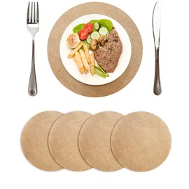 Matutinal 4 Pieces Burlap Placemats, 11.8" Round Fall Reusable Table Mats for Wedding, Brown Circle Rustic Table Decorations for Dinner Holiday Farmhouse Supplies