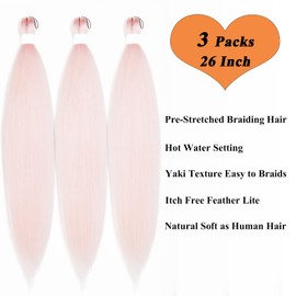 Ai Yuchen Rose Gold Pink Braiding Hair Pre Stretched 26 Inch Kanekalon Light Pink Colored Hair Extensions for Braiding Crochet Hair Box Braids Micro Jumbo Pre Stretched Braiding Hair 3 Pack