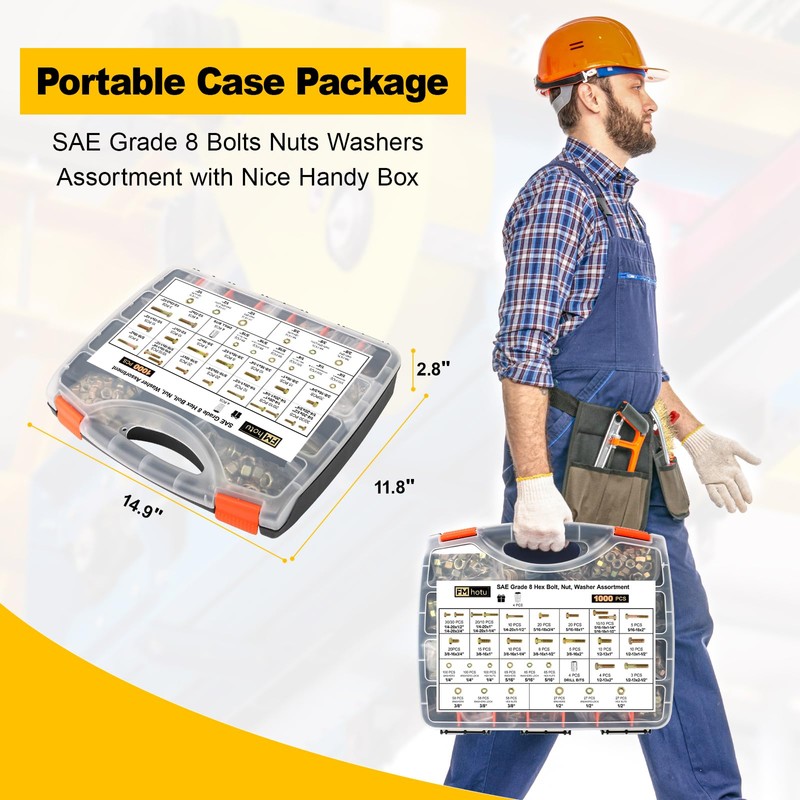 1000PCS Grade 8 Bolt Assortment Kit, Heavy Duty Bolts and