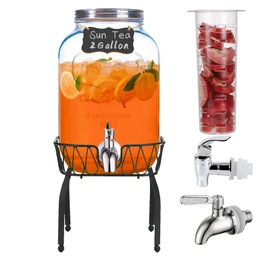 Sun Tea Glass Jar for Outside 2 Gallon Drink Dispenser with18/8 Stainless Steel Spigot and Stand Glass Drink Dispensers for Parties, Juice Jug Beverage Dispensers Jarras Para Lemonade Dispenser
