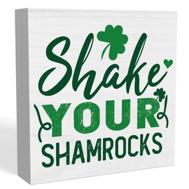Rustic St Patrick's Day Office Desk Decor - Cute Shake Your Shamrock St Patrick Wood Sign - Farmhouse St Patrick Tiered Tray Decoration - Cubicle Shelf Bathroom Decor for Women 5 x 5 in