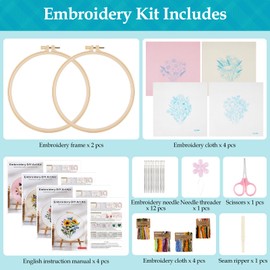 Jellybibo Embroidery Set for Beginners, 4 Pieces Embroidery Set Embroidery Set for Beginners Floral Pattern Plants Cross Stitch Kit Starter DIY Embroidery Set