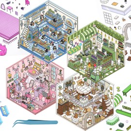 4 Sets 3D Fun Mini House Scene Stickers with Tweezers Make Your Own Ice Cream Shop Duplex Room Miniature Scenes Stickers Cute Animals DIY Stickers for Relief Stress Pass The Time