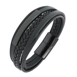 YL Mens Bar Braided Bracelet Black Stainless Steel Leather Bracelets Black Multi-Layer Bangle Wristband Jewelry 8.7"