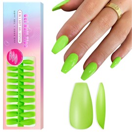 SXVME Soft Gel Nail Tips Long Coffin 300Pcs Pre-applied Tip Primer Nail Tips, Natural Neon Green Colored Gel Tips Acrylic Fake Nails Extensions False Nails Press ons for Easy DIY