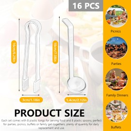 8 Pcs Plastic Punch Ladle with 8 Pcs Clear Plastic Tongs, Clear Serving Spoons, Small Serving Spoons for Dips, Pizza Sauce Ladle, Spoon Ladle for Kitchen Buffet Party Food (Transparent)