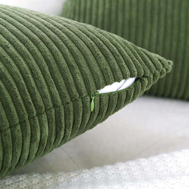 Pack of 2 Moss Green Corduroy Decorative Throw Pillow Covers