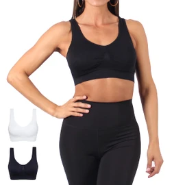 Thefne Set de 2 Tops Deportivos para Mujer. Sujetador/Sosten/Brasier Deportivo Suave, Ligero y Transpirable. Ropa Deportiva Mujer. Bra para Yoga, Pilates, Crossfit y Gym. (Blanco y Negro, S)