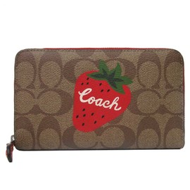 Coach CH529 SVRVB Wallet Bi-Fold Wallet PVC Signature Wild Strawberry Medium ID Zip Wallet (Khaki x Red Series) Outlet Women's, Khaki