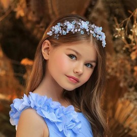 IYOU Flower Girl Headband Blue Flowers Princess Crystal Communion Bridal Wedding Hair Accessories for Girls