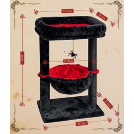 SYANDLVY Gothic Cat Tree with Coffin Bed for Indoor Cats, Activity Cat Tower with Scratching Post for Kittens, Cat Condo Furniture with Basket & Spider Hanging Ball for Play Rest