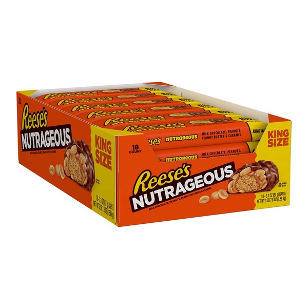 REESE'S NUTRAGEOUS Milk Chocolate, Peanuts, Peanut Butter & Caramel King Size Candy, Full size, 3.1 oz Bar, 18 count