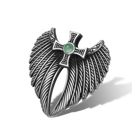 Angel Wing Necklace - Viking Cross Jewelry - Celtic Gifts for Men and Women - Spiritual Protection Amulet - Guardian Energy Crystal - Antique Finish Stainless Steel Norse Power Pendant - Green Quartz