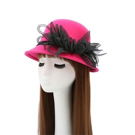 Punctualgood Women Bowler Hat, 1920s Vintage Flower Felt Fedora Cloche Hat Adjustable Winter Warm Church Bucket Cap(Rose Red)