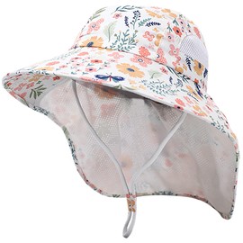 XYIYI Kids Beige Floral Sun Hat Flap Neck Protection Adjustable Chin Straps Sun Protection Hats for 3-8 Years Old Boys Girls