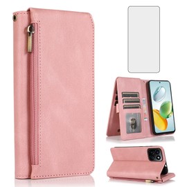Compatible with Honor 200 Smart / Honor X7C / Honor Play 60 Plus/Play 9T 5G Wallet Case Screen Protector and Zipper Retro Leather Flip Cover Card Holder Stand Cell for 200Smart Play9T Women Rose Gold