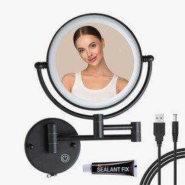 RECKODOR Rechargeable Bathroom Makeup Mirror with Light Wall Mounted, Brass 1/5X 2 Sided Magnifying Mirror with Extension Swing Arm, Touch Dimmable 360 Rotation Foldable Led Vanity Mirror, Matte Black