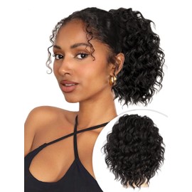 MS TAJ Ponytail Extension,Curly drawstring Ponytail Extension, 8" Black Ponytail for Black Women Natural Soft Curly Clip in Hair Extensions Ponytail Synthetic Hairpiece Thick for Daily Party