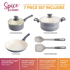 Spice by Tia Mowry Savory Saffron 7-Piece Healthy Nonstick Ceramic Cookware Set - Grey