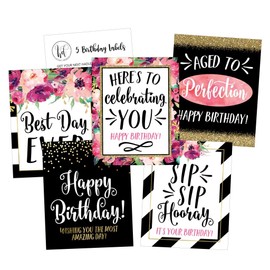 Hadley Designs 5 Birthday Wine Bottle Labels or Stickers Present, Milestone Gifts, Any Age Years Funny Unique Old Chic Pink Black Gold Party Decoration Centerpiece Supplies For Wife, Mom, Friend