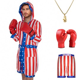 Comnfgl Men Boxing Costume Adult Satin American Flag Boxing Costume with Robe, Necklace, Boxing Gloves and Shorts