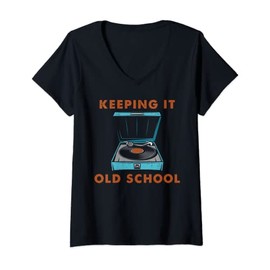 Womens Keeping It Old School Vinyl Record Retro Gramophone V-Neck T-Shirt