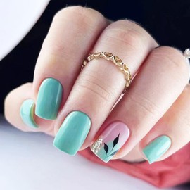 Green Nude Press on Coffin Nails Medium Length Fake Nails DIY Full Cover Leaves Gold Foil Stick on Nails French Tips Square False Nails with Designs Acrylic Nails Tips for Women Girls 24Pcs