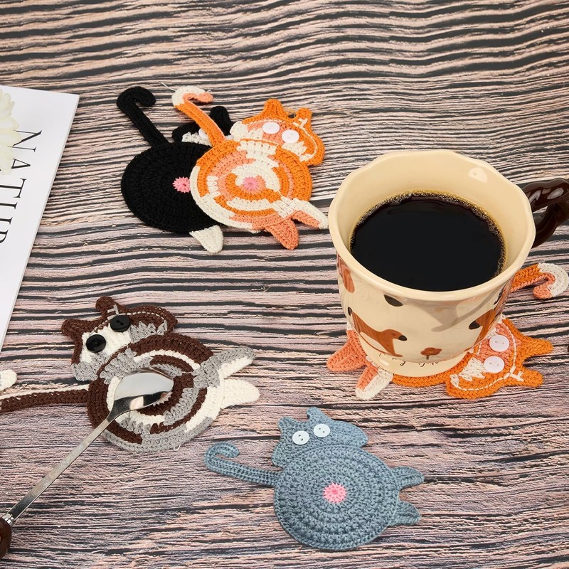 4PC Drink Coaster Cat Gifts for Cat Lovers, Fun Woven