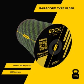 EdcX Paracord 4mm, 20+ Military Colors (15m, 30m, 50m, 100m, 300m) | Ideal for Camping, Survival, Outdoor, Crafting, DIY | 100% Nylon Rope 4mm | Tactical Cord 550 Type III (O.D. Moss, 100 m)